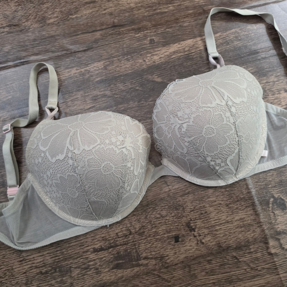 VICTORIA'S SECRET Push-Up Bra Women 36DD Beige Floral Lace Mesh J-Hook